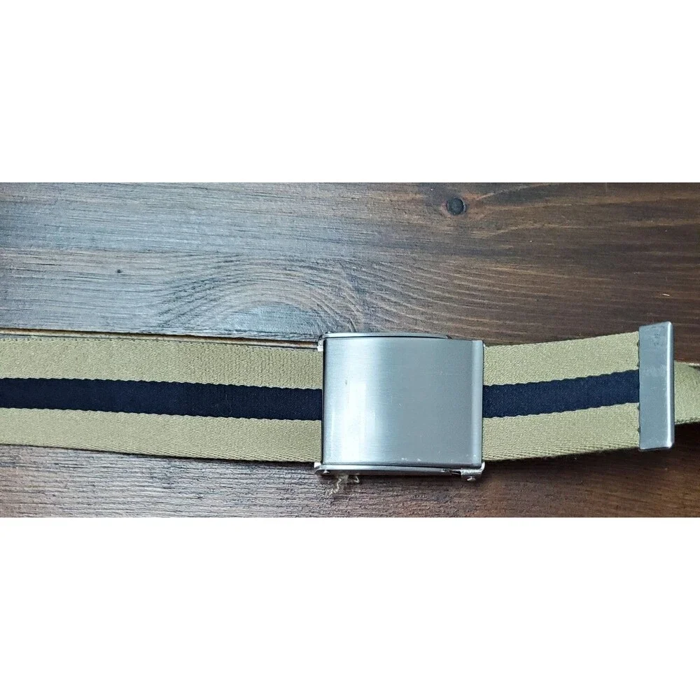 Ratchet Belt Mens 40-42 Beige Canvas Silvertone Buckle Reversible to Blue Stripe